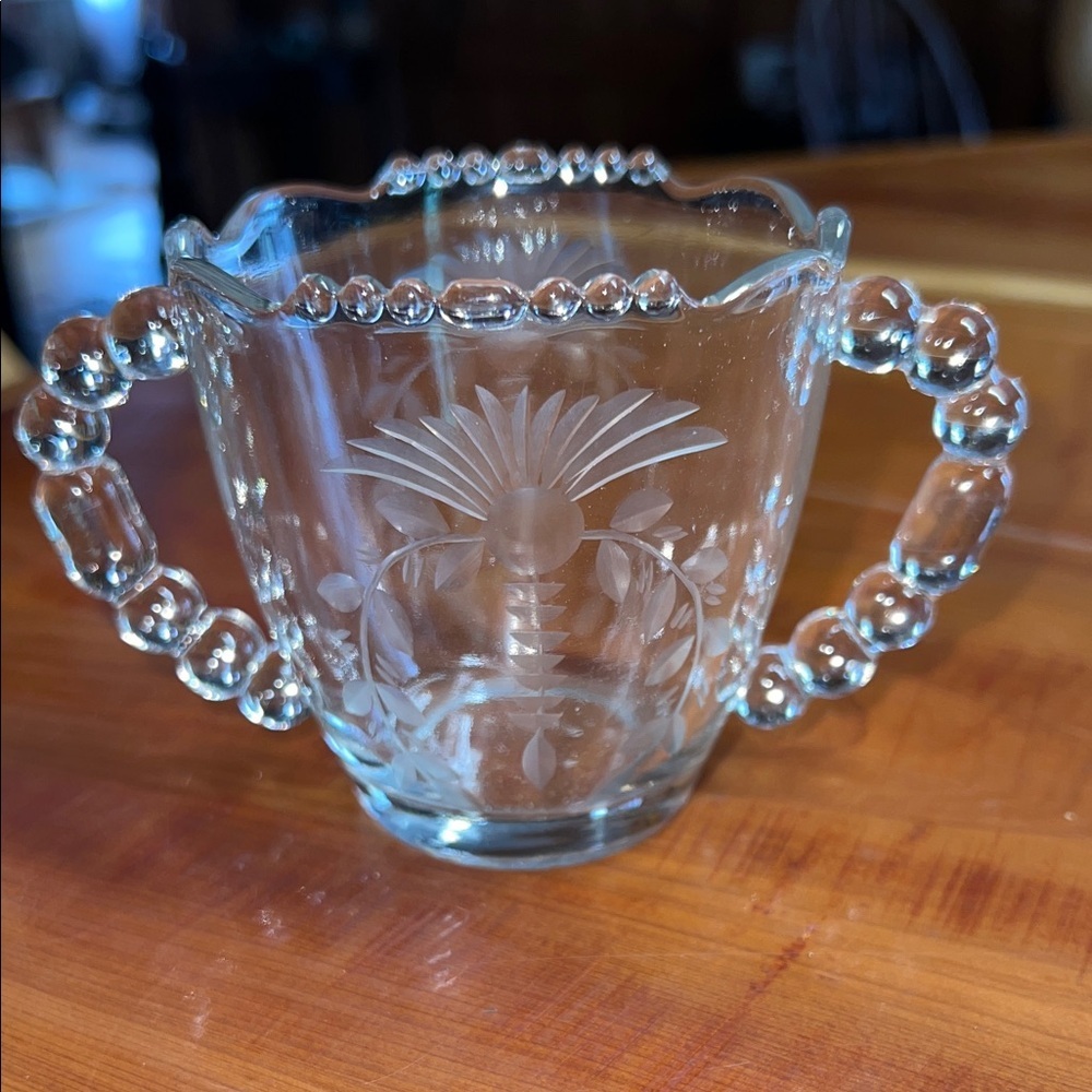 Vintage Imperial Candlewick Beaded Edge Glass Etched Floral Sugar Bowl